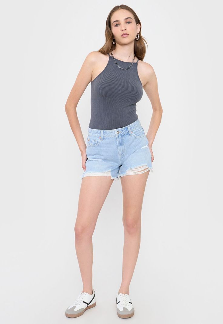 Short Mujer Bermuda Roturas Azul Claro Corona-0
