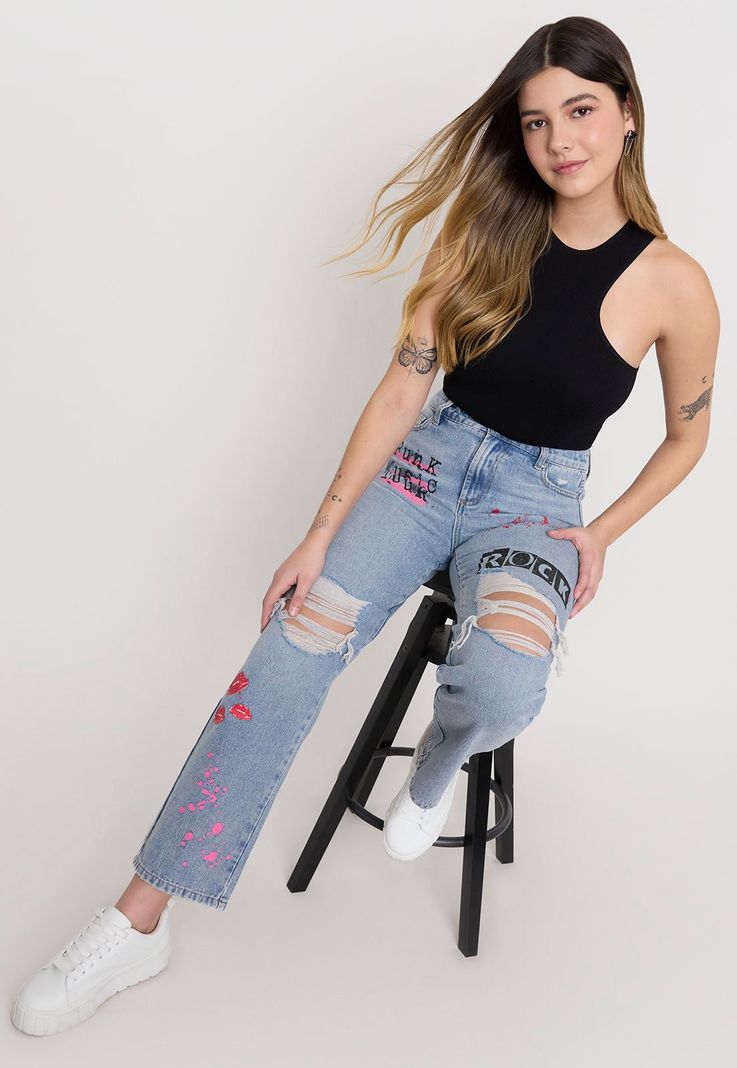 Jeans Mujer Straight Graffiti Azul Claro Corona-0