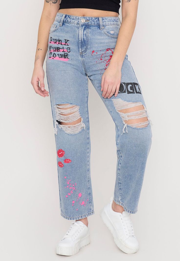Jeans Mujer Straight Graffiti Azul Claro Corona-1
