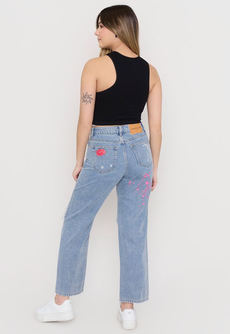 Jeans Mujer Straight Graffiti Azul Claro Corona-2
