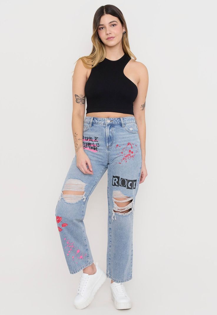 Jeans Mujer Straight Graffiti Azul Claro Corona-3
