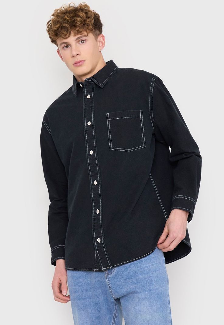 Camisa Hombre Costura Contraste Negro Corona-0