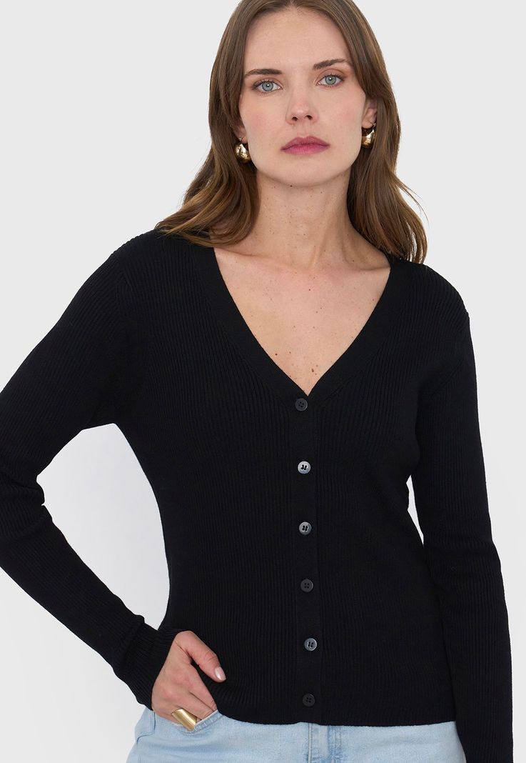Cárdigan Mujer Rib Botones Negro Corona-2