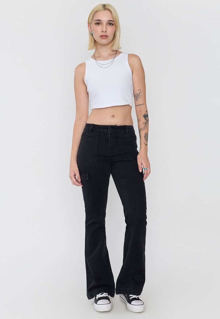 Jeans Mujer Flare Fit Cargo Negro Corona-0