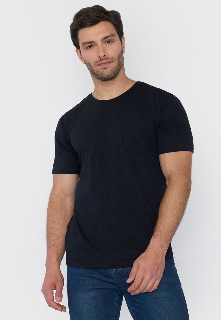 Polera Hombre Slub Bolsillo Negro Corona-0