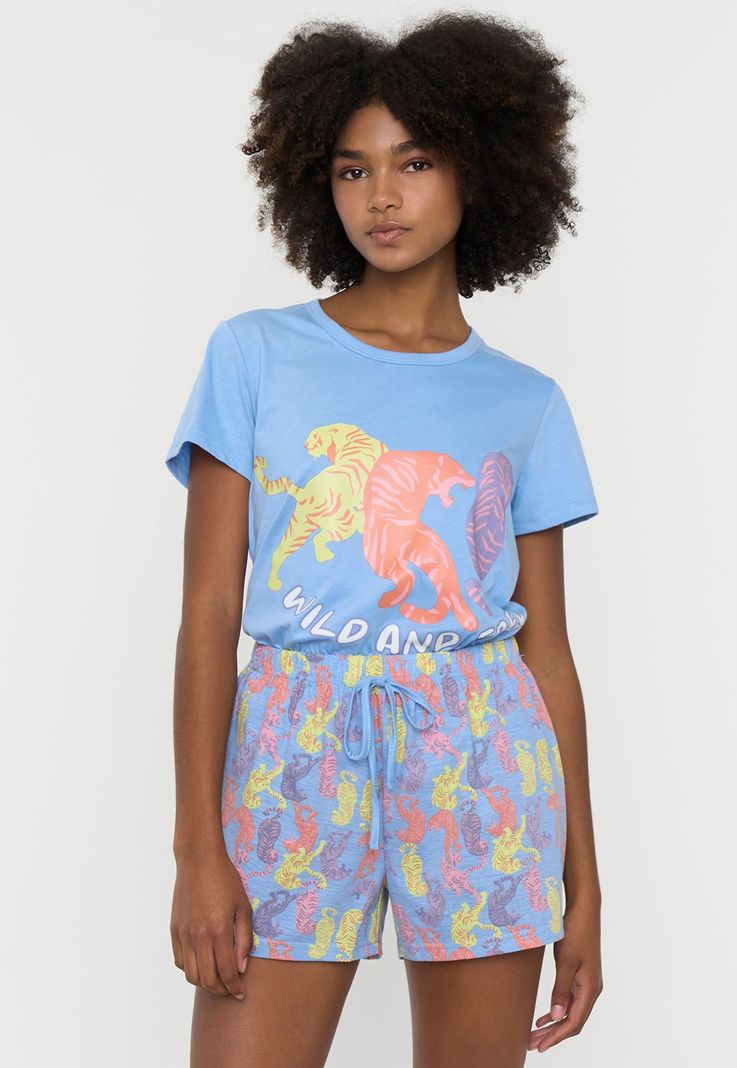 Pijama Mujer Corto Básico Celeste Tigres Corona-2