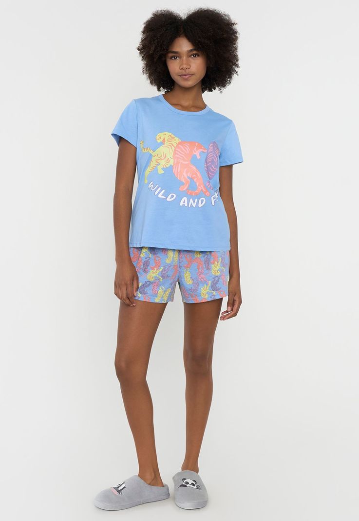 Pijama Mujer Corto Básico Celeste Tigres Corona-3