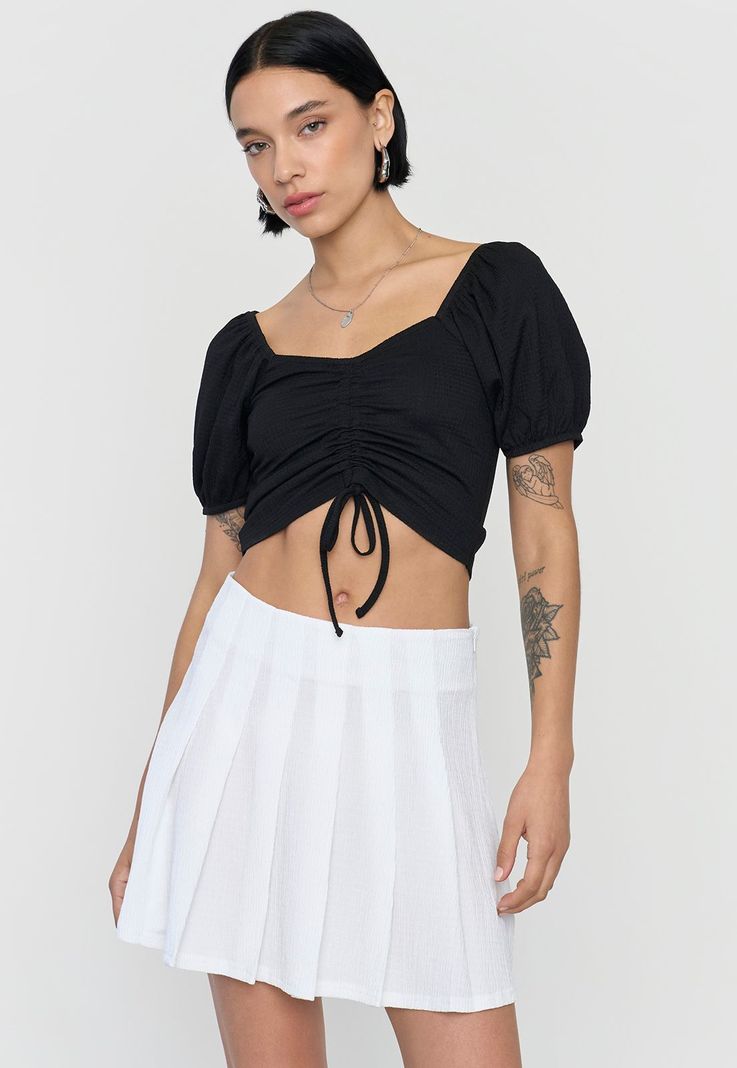 Blusa Mujer Crop Panal Manga Globo Negro Corona-0