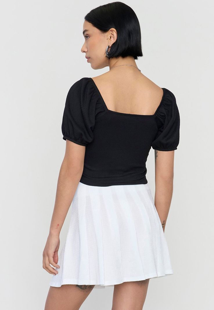 Blusa Mujer Crop Panal Manga Globo Negro Corona-1