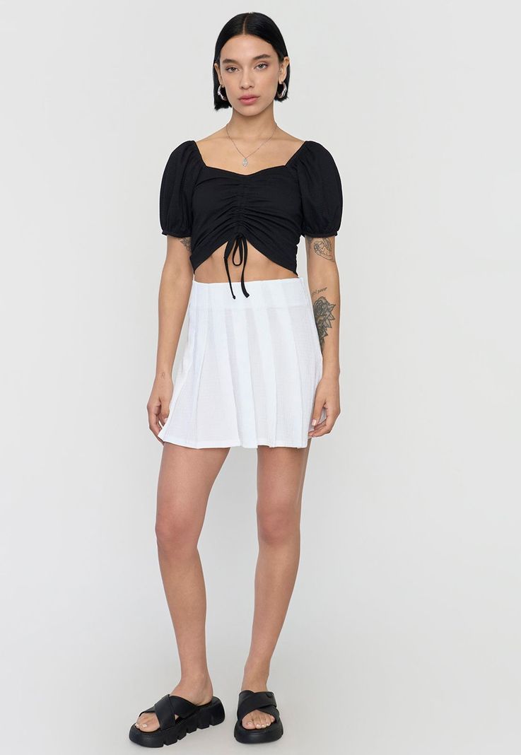 Blusa Mujer Crop Panal Manga Globo Negro Corona-3