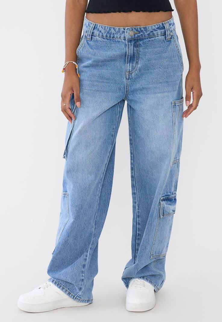 Jeans Mujer Straight Fit Full Cargo Azul Claro Corona-1