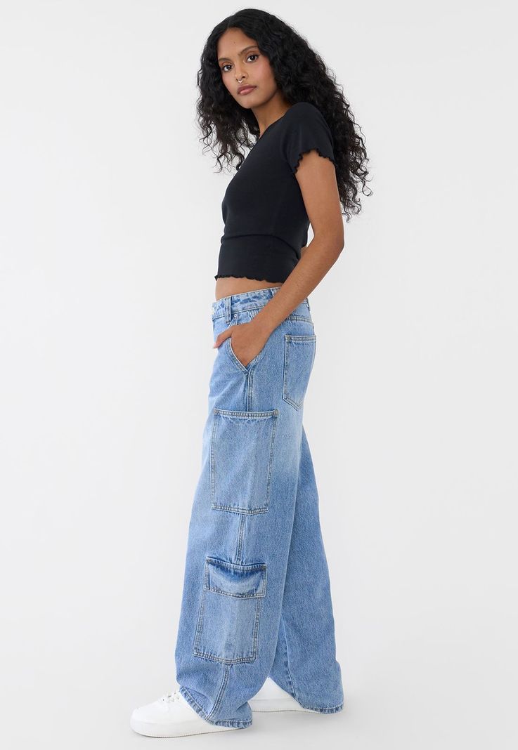Jeans Mujer Straight Fit Full Cargo Azul Claro Corona-3