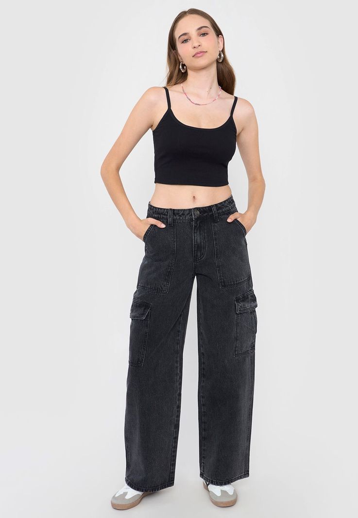 Jeans Mujer Cargo Straight Fit Color Negro Corona-0