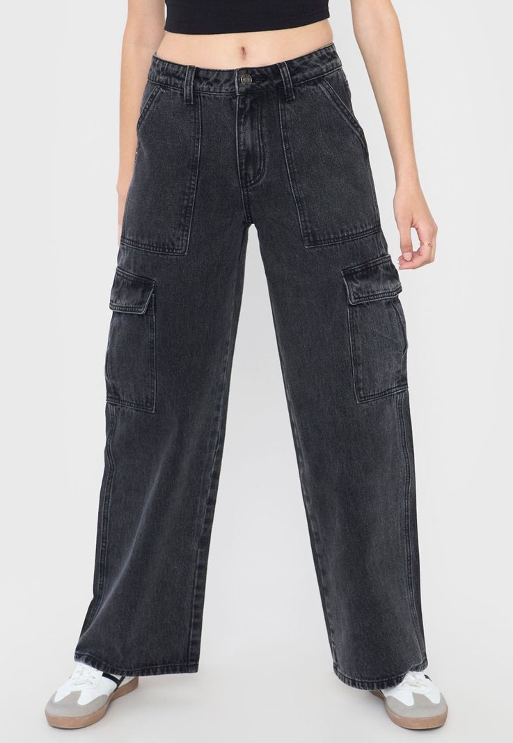 Jeans Mujer Cargo Straight Fit Color Negro Corona-1
