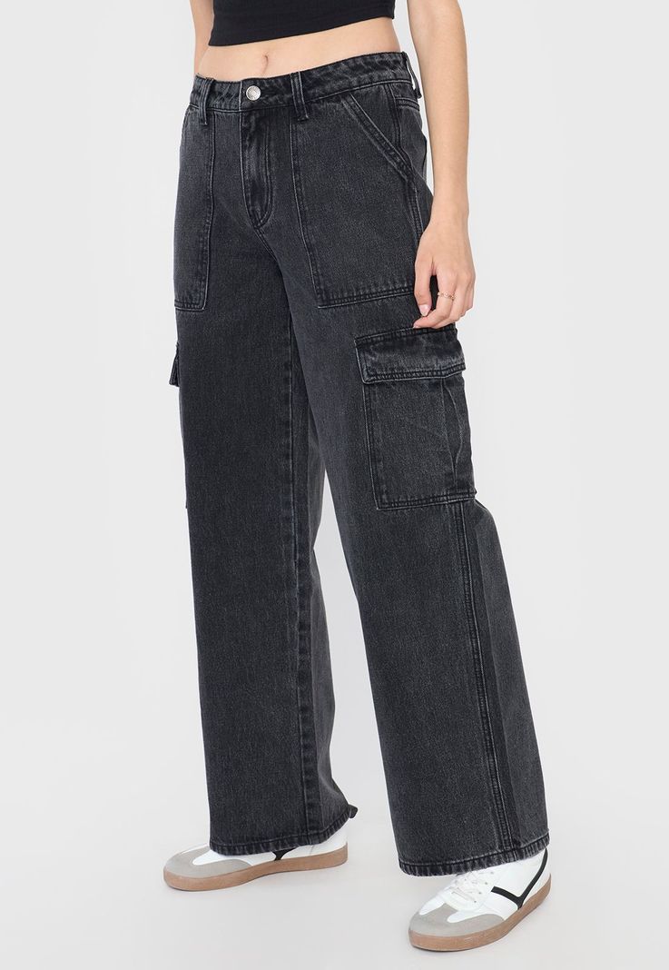 Jeans Mujer Cargo Straight Fit Color Negro Corona-3