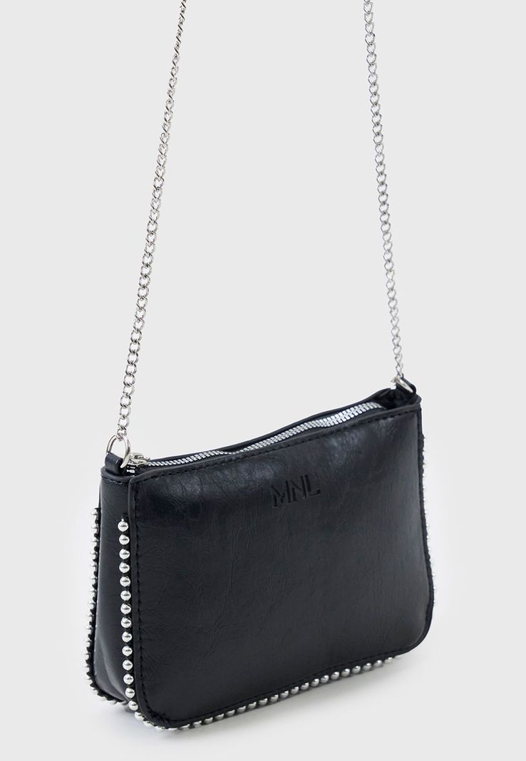 Bandolera Mujer Metalizada Perlas Negra Corona-2