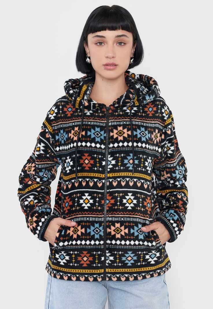 Polerón Mujer Peludo Full Print Negro Geométrico Corona-0