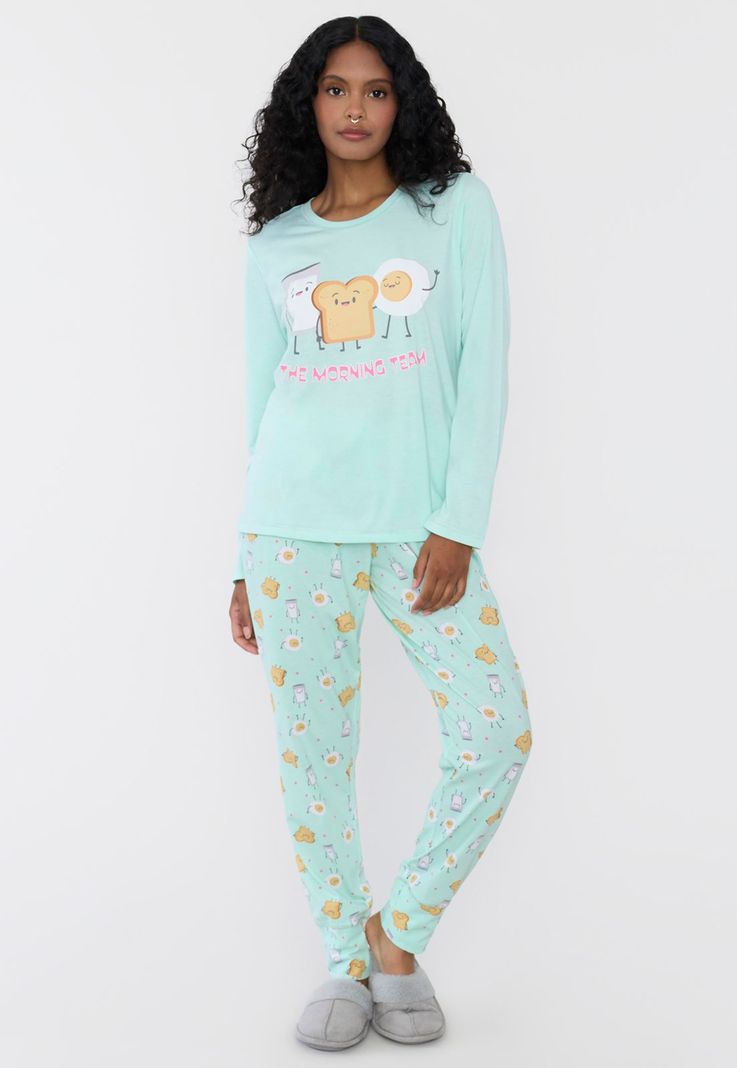Pijama Mujer Largo Algodón Print Turquesa Corona-0