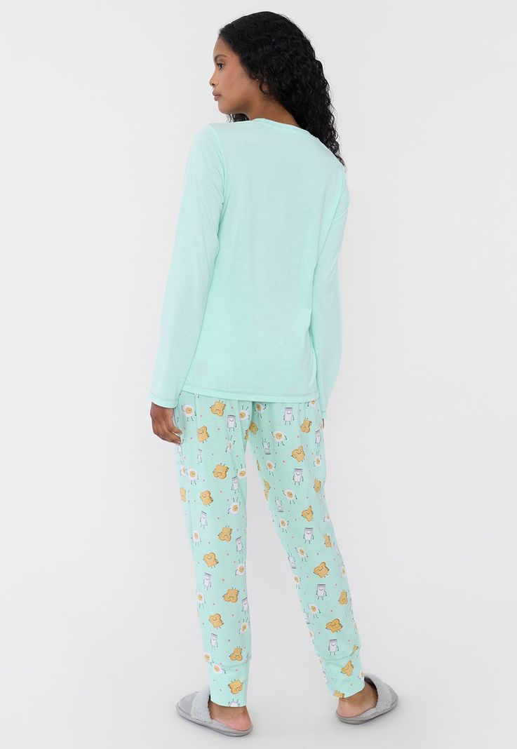 Pijama Mujer Largo Algodón Print Turquesa Corona-1