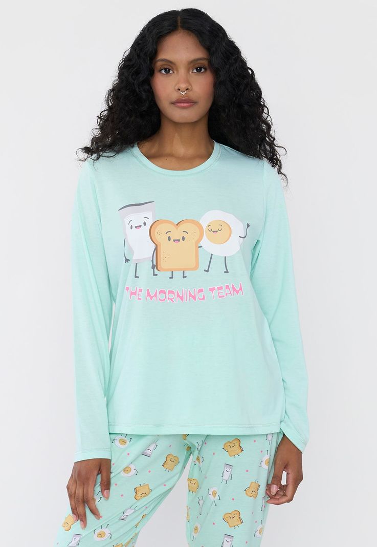 Pijama Mujer Largo Algodón Print Turquesa Corona-2