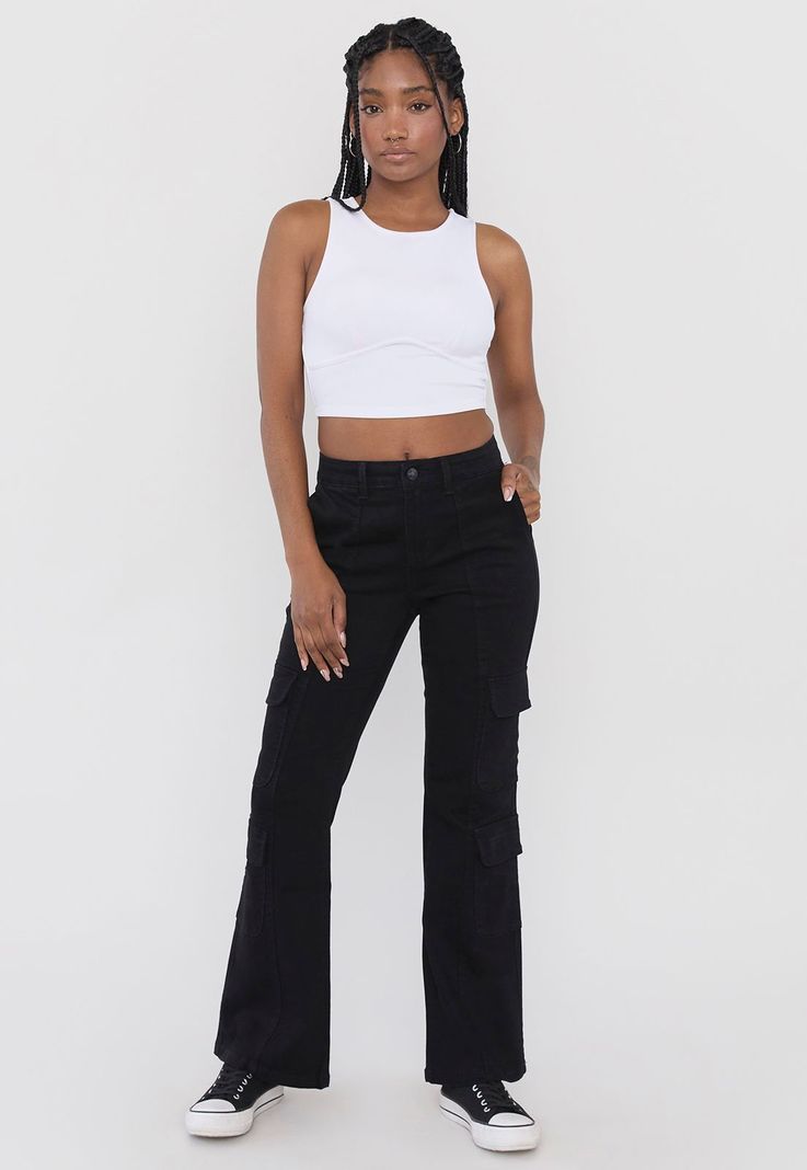 Jeans Mujer Flare Cargo Negro Corona-0
