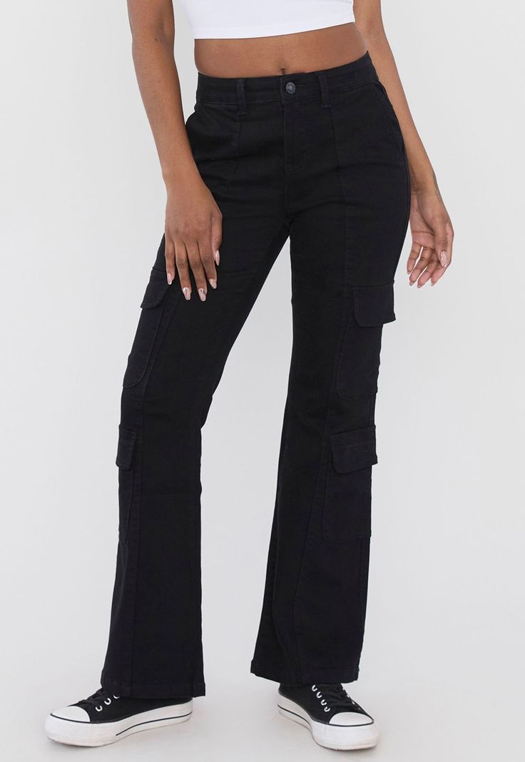 Jeans Mujer Flare Cargo Negro Corona-1