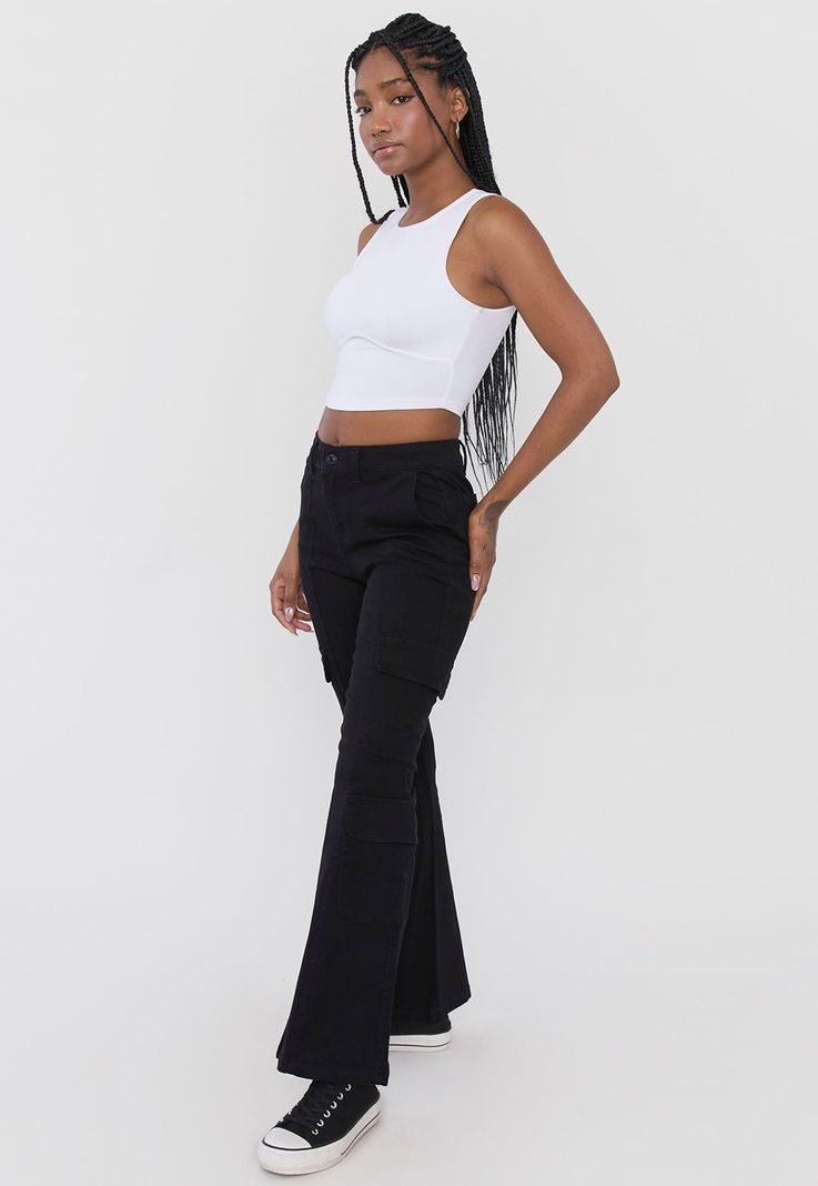 Jeans Mujer Flare Cargo Negro Corona-3