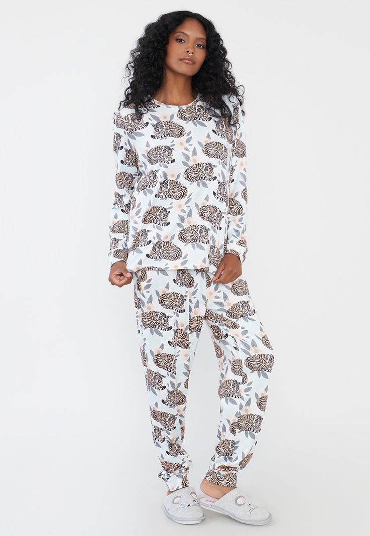 Pijama Mujer Full Print Polypeach Gris Corona-0