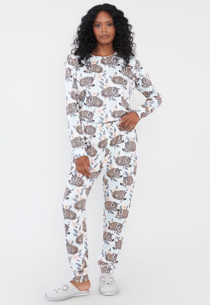 Pijama Mujer Full Print Polypeach Gris Corona-3