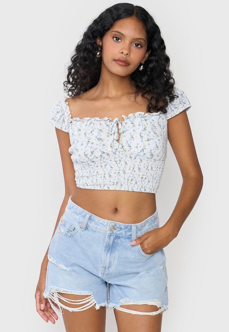 Blusa Mujer Off Shoulder Amarras Print Blanco Corona-0