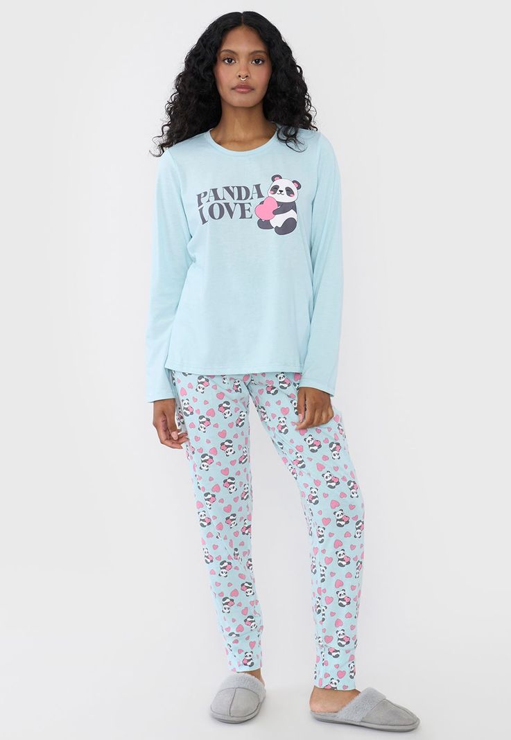Pijama Mujer Largo Print Celeste Corona-0