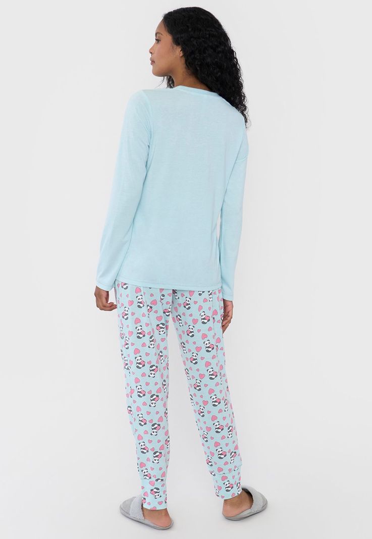 Pijama Mujer Largo Print Celeste Corona-1