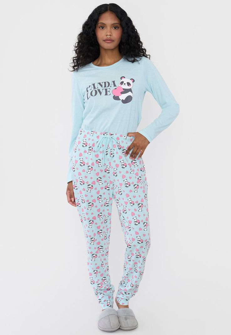 Pijama Mujer Largo Print Celeste Corona-3