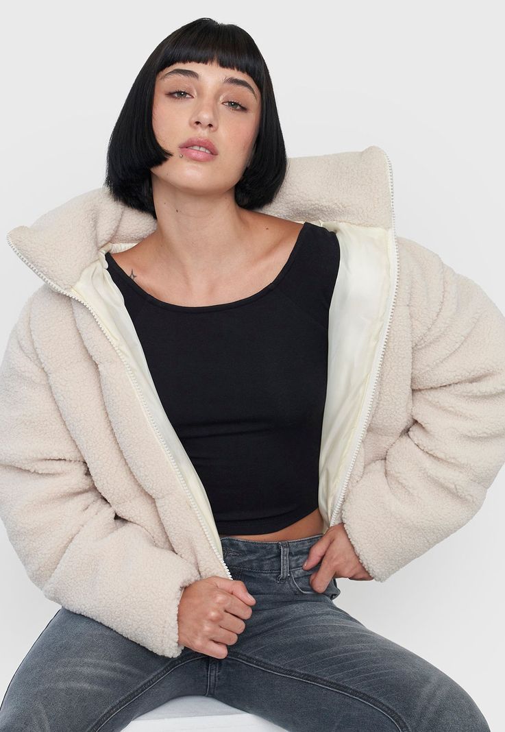 Chaqueta Mujer Teddy Ecru Cuello Alto Corona-0