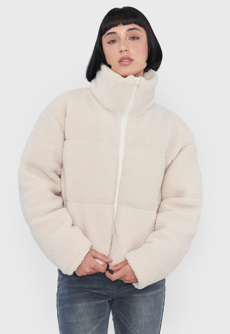 Chaqueta Mujer Teddy Ecru Cuello Alto Corona-1