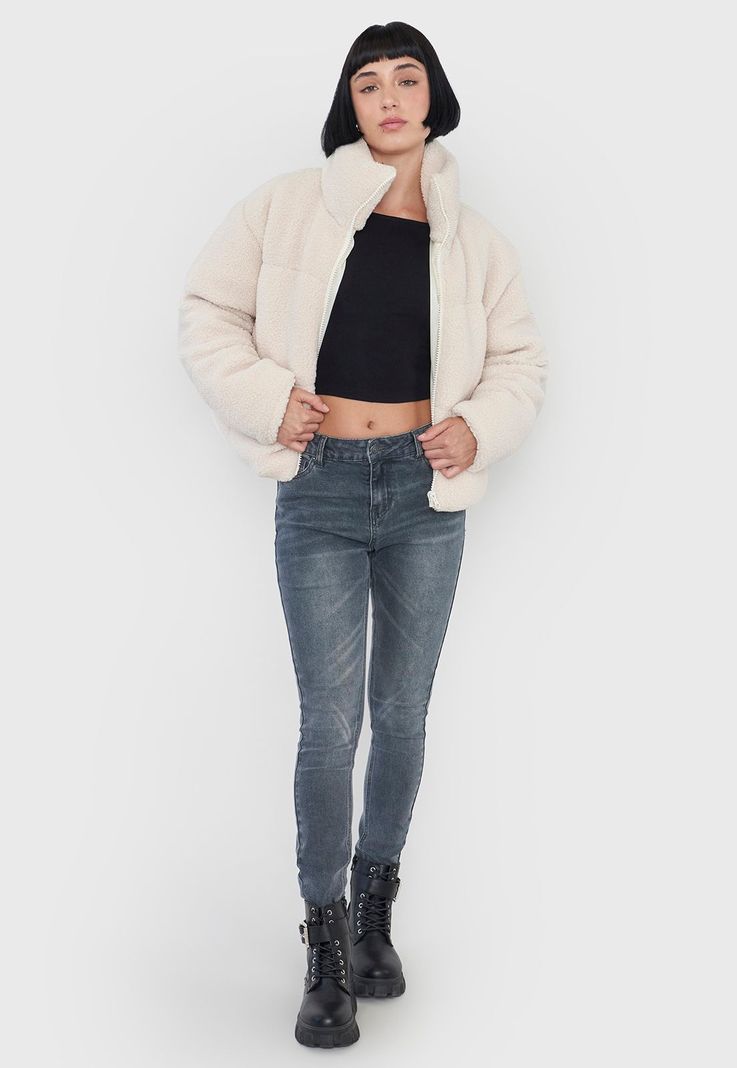 Chaqueta Mujer Teddy Ecru Cuello Alto Corona-3