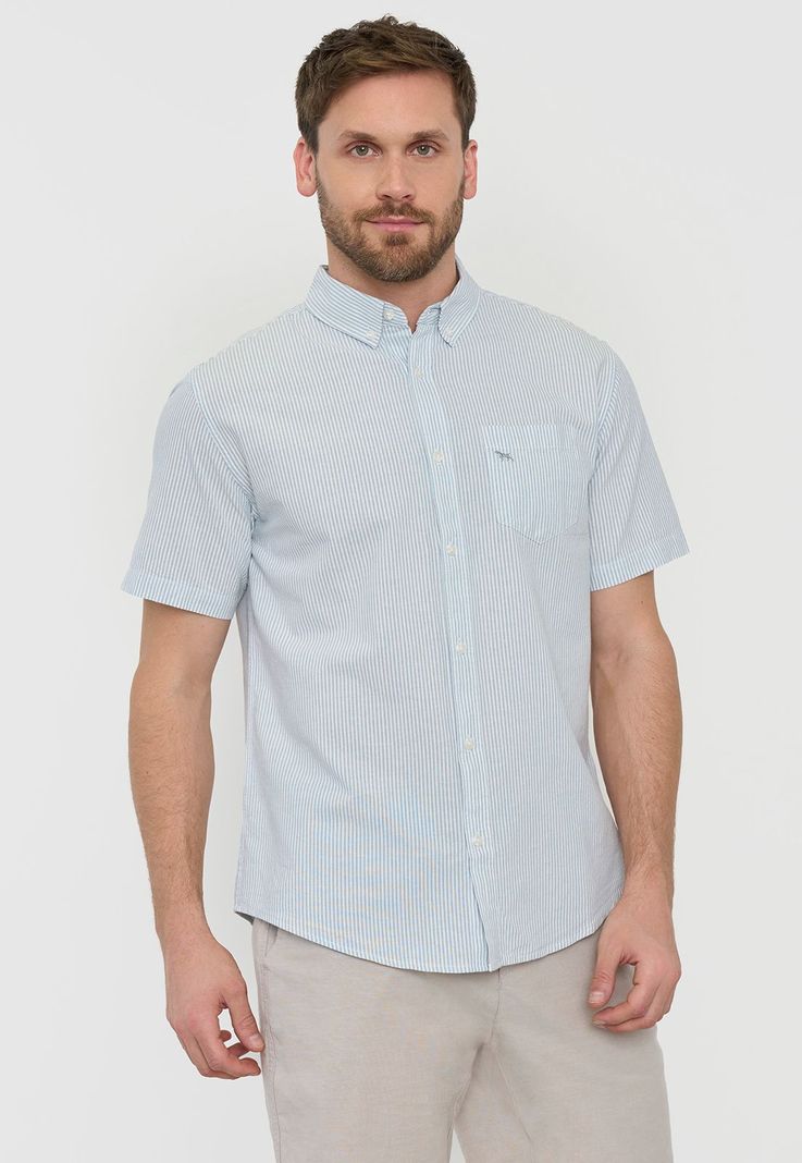 Camisa Hombre Líneas Manga Corta Celeste Corona-0