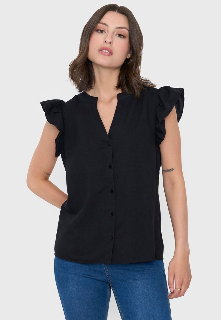 Blusa Mujer Cuello Mao Vuelos Negro Corona-0