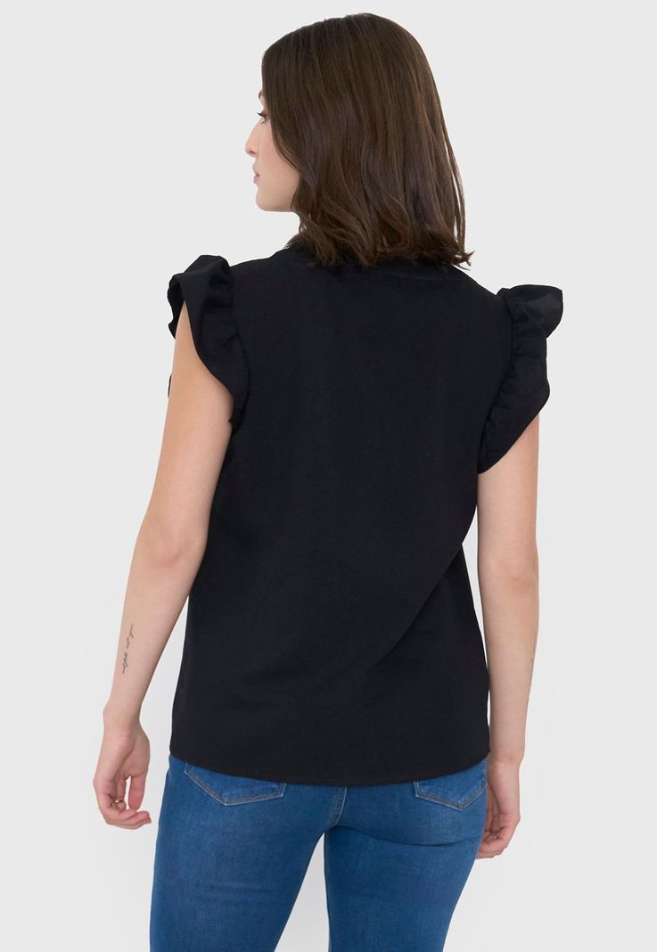 Blusa Mujer Cuello Mao Vuelos Negro Corona-1