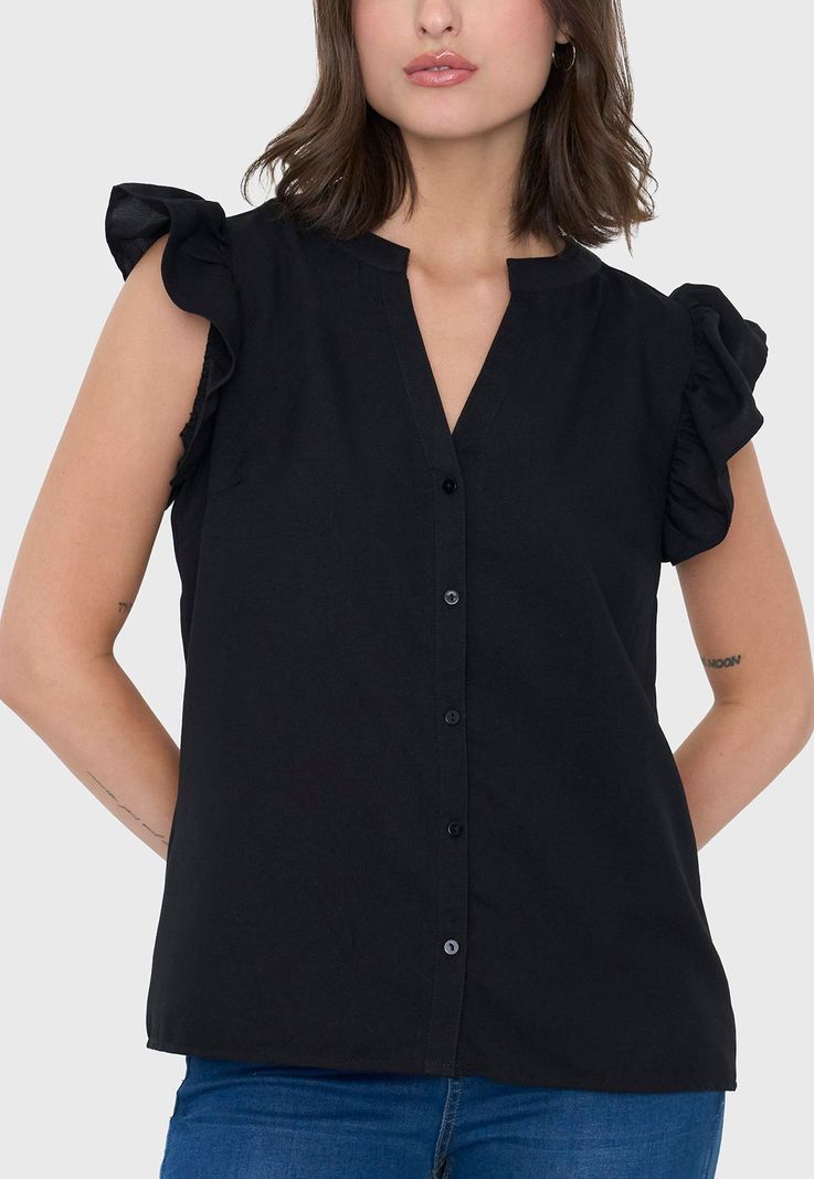Blusa Mujer Cuello Mao Vuelos Negro Corona-2