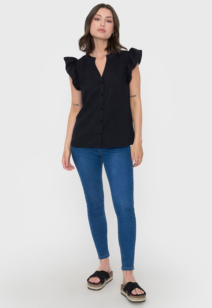 Blusa Mujer Cuello Mao Vuelos Negro Corona-3