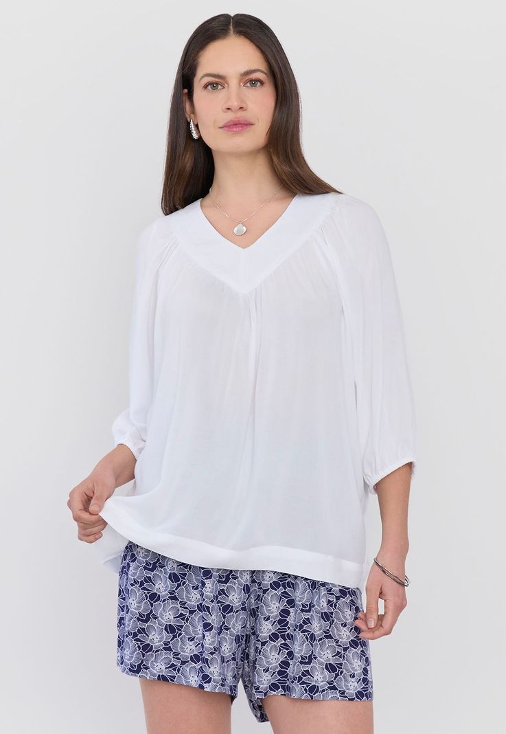Blusa Mujer Cuello V Manga Globo Blanco Corona-0