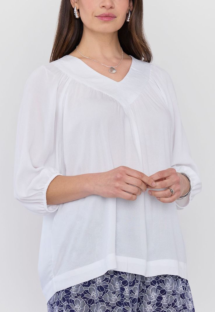 Blusa Mujer Cuello V Manga Globo Blanco Corona-2