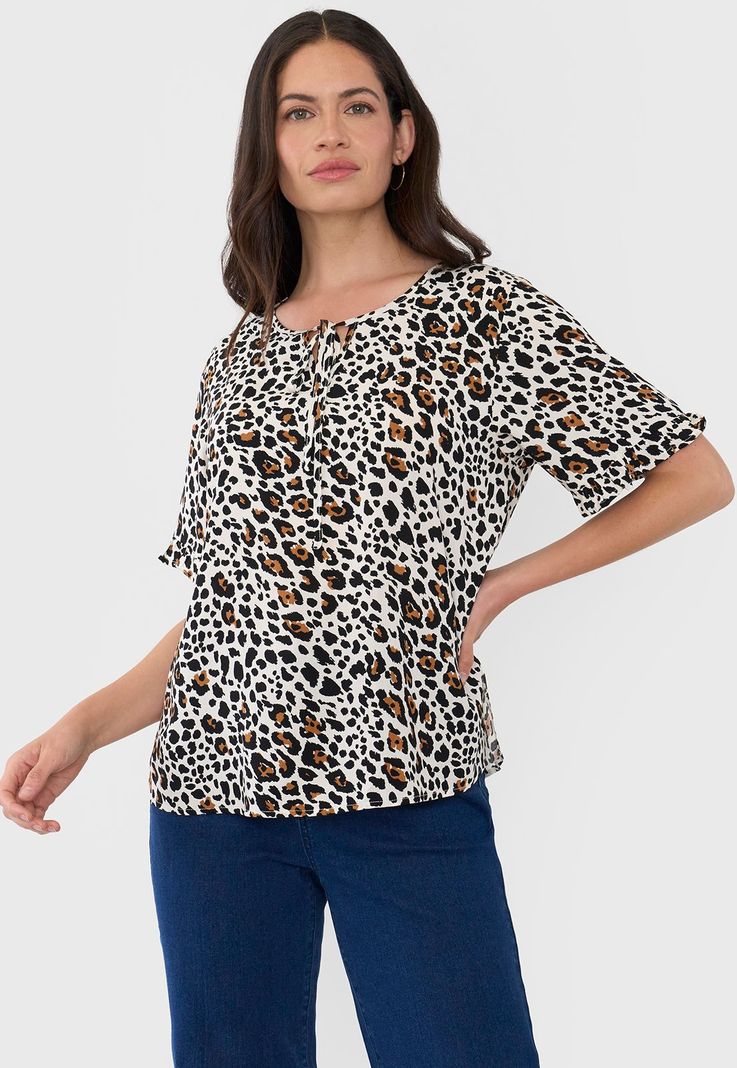 Blusa Mujer Manga Corta Detalle Animal Print Beige Corona-0