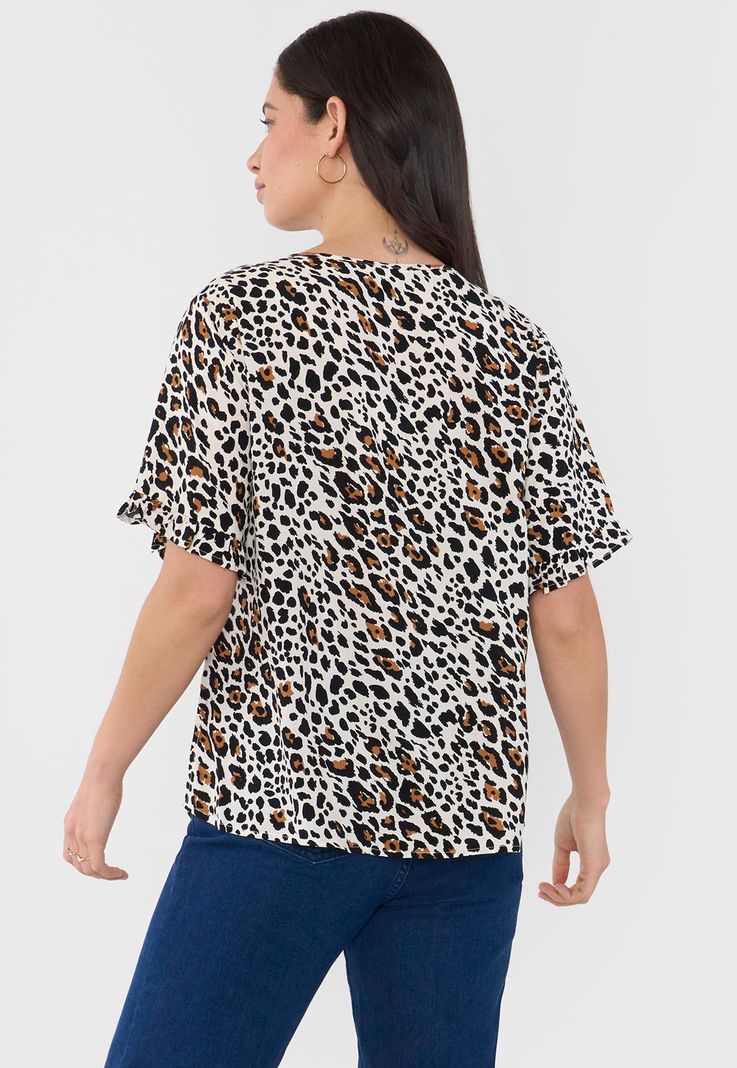 Blusa Mujer Manga Corta Detalle Animal Print Beige Corona-1