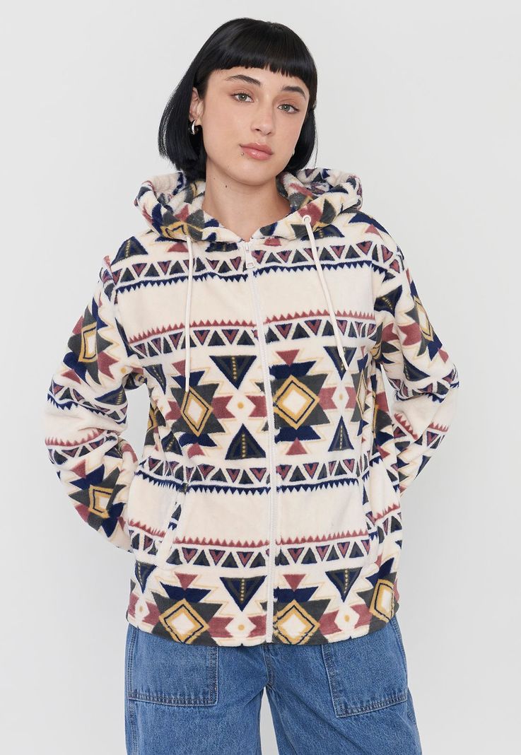 Polerón Mujer Peludo Full Print Beige Tribal Corona-0