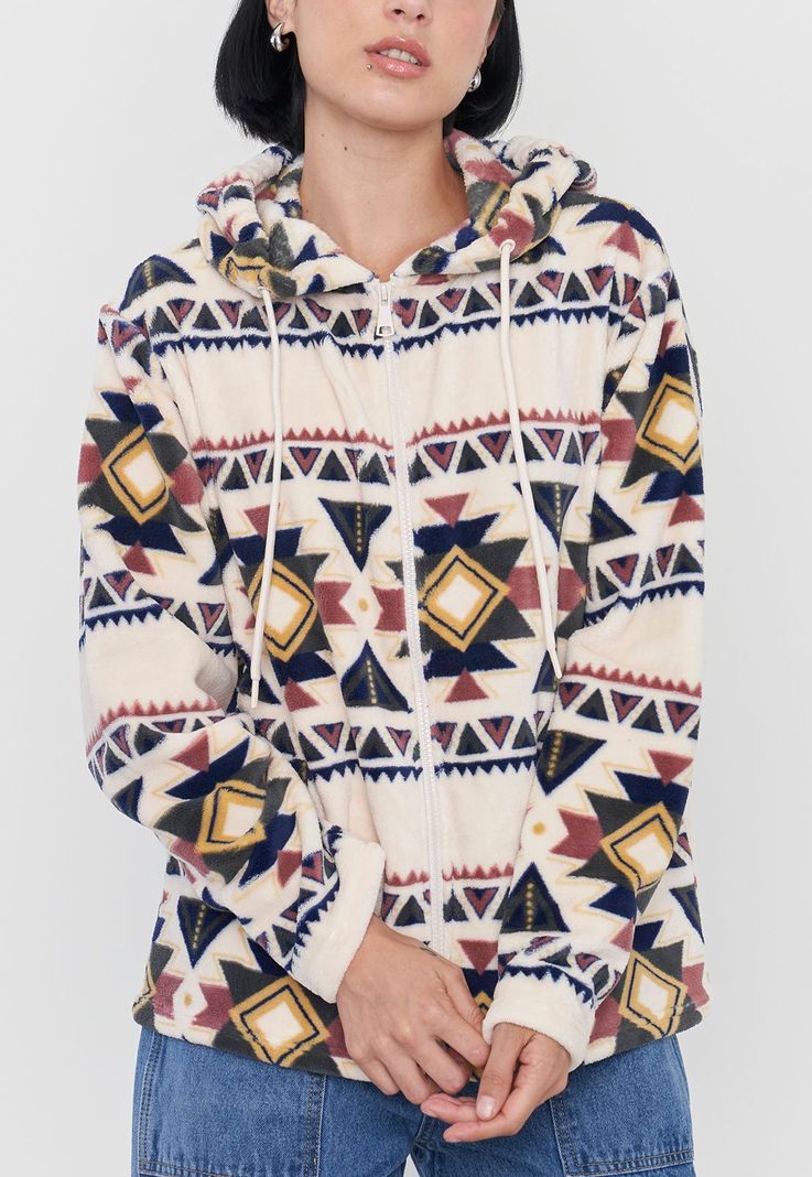Polerón Mujer Peludo Full Print Beige Tribal Corona-2