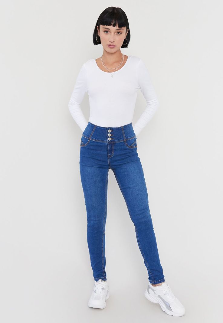 Jeans Mujer Push Up 3 Botones Azul O Corona-3
