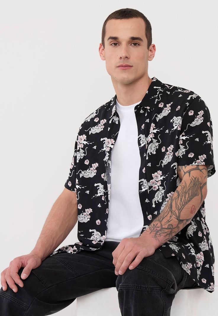 Guayabera Hombre Viscosa Tribal Negro Corona-0