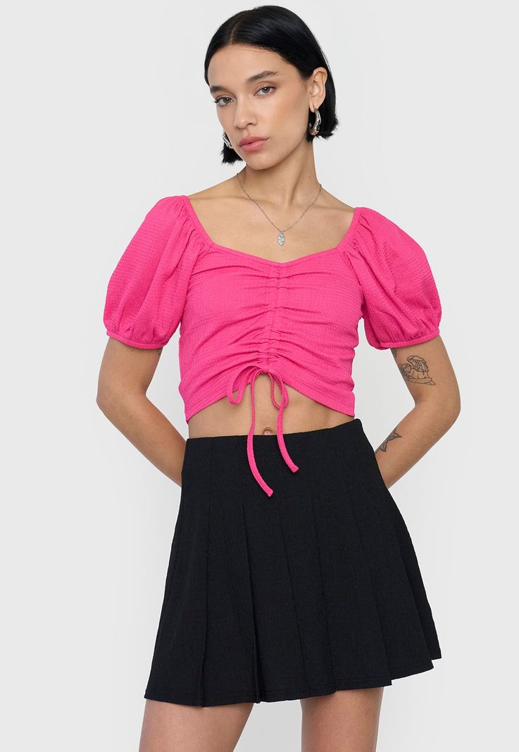 Blusa Mujer Crop Panal Manga Globo Fucsia Corona-0
